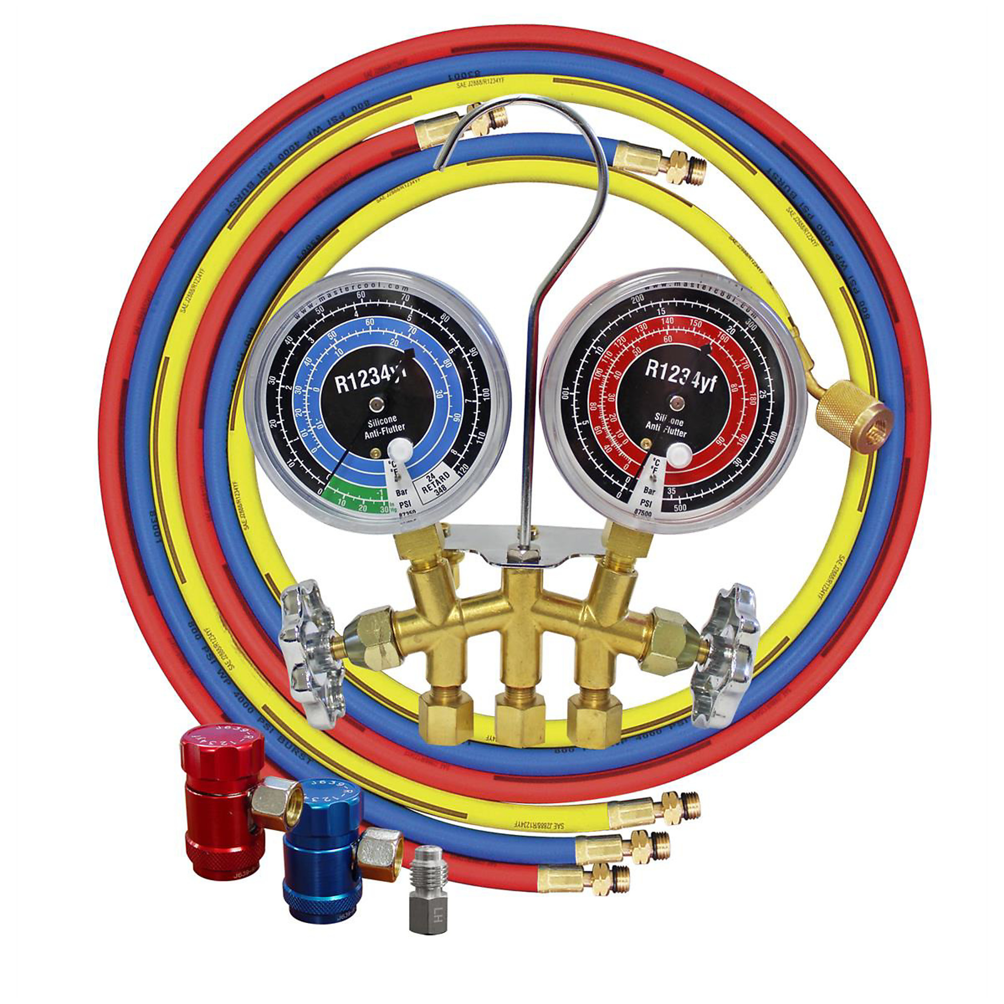 Mastercool R1234YF Brass Gauge Set — 60in. Hoses, 3 1/8in. Gauges, Manual Couplers, Model# MSC81661